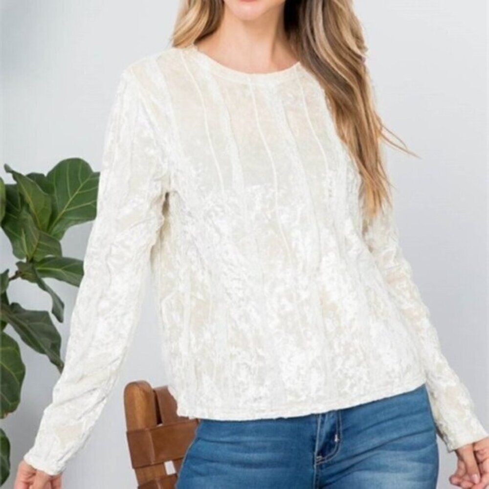 BOHO WOMENS CREAM VELVET LACE DETAIL BLOUSE TOP